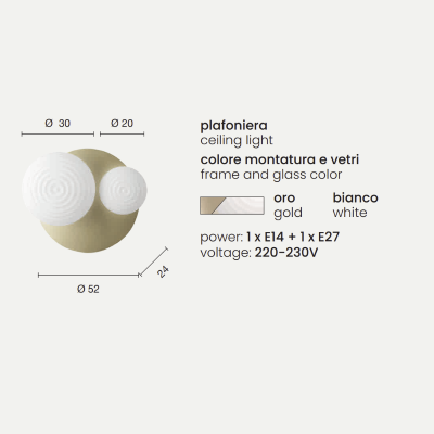 D52 cm TONDO Deckenleuchte mit Gold-Metallsockel und 2 Glasdiffusoren