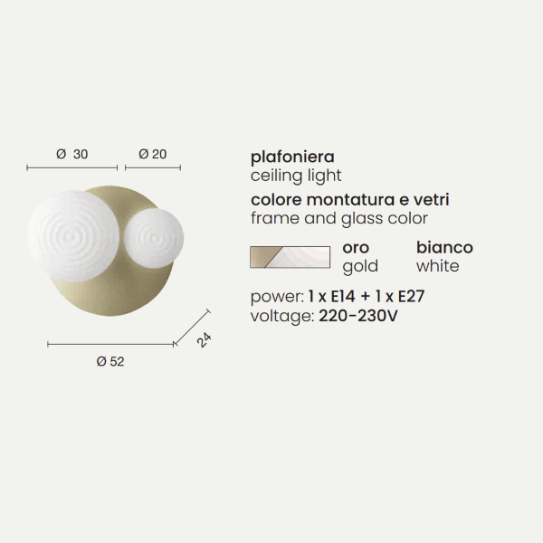 D52 cm TONDO Deckenleuchte mit Gold-Metallsockel und 2 Glasdiffusoren