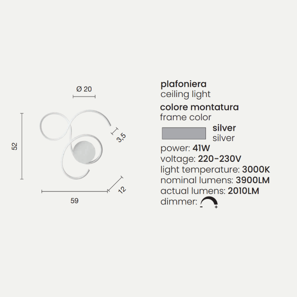 Plafoniera TWIST a LED 59x52 cm in metallo verniciato Silver