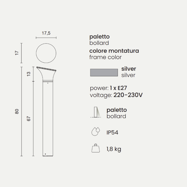 ARES Poller aus lackiertem Aluminium SILVER H80
