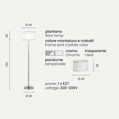 TEBE floor lamp in CHROME handmade glass H179 cm