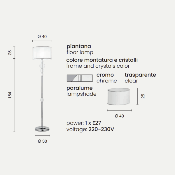 TEBE floor lamp in CHROME handmade glass H179 cm