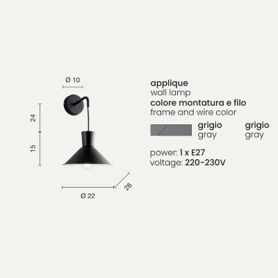 Applique D22 cm ELIO in metallo verniciato Grigio