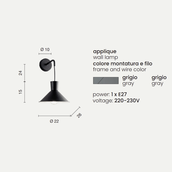 Applique D22 cm ELIO in metallo verniciato Grigio