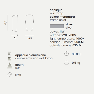 PIC outdoor wall lamp in SILVER painted aluminium 10,5x5 cm