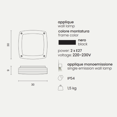 PARIS outdoor wall lamp in BLACK aluminum 30x30 cm