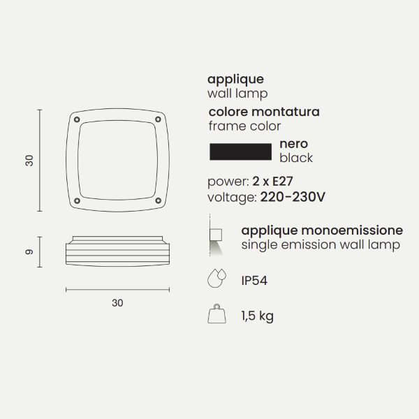 PARIS outdoor wall lamp in BLACK aluminum 30x30 cm