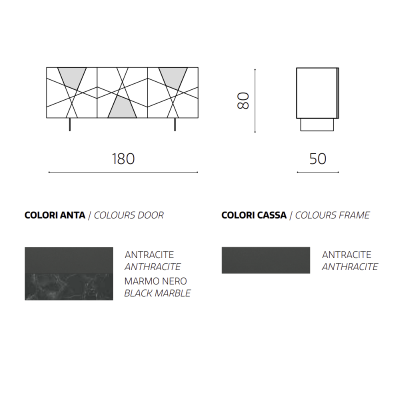 180 cm großes Sideboard aus Holz mit 3 anthrazitfarbenen Türen und Marmorglas – ADEL 2 Füße