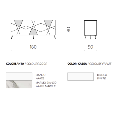 Madia 3 ante inserti vetro effetto marmo L180 5 piedini ADEL Bianco