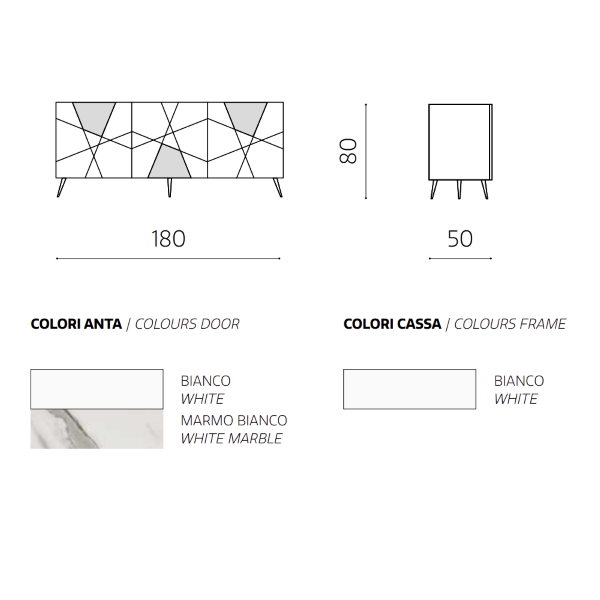 Madia 3 ante inserti vetro effetto marmo L180 5 piedini ADEL Bianco