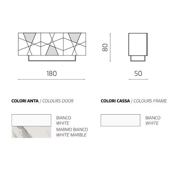 3-door sideboard in 180 cm white wood and marble effect glass - ADEL
