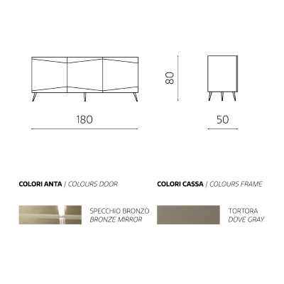 Madia credenza a 3 ante in vetro specchio bronzo scocca tortora e 5 piedini ISIDE