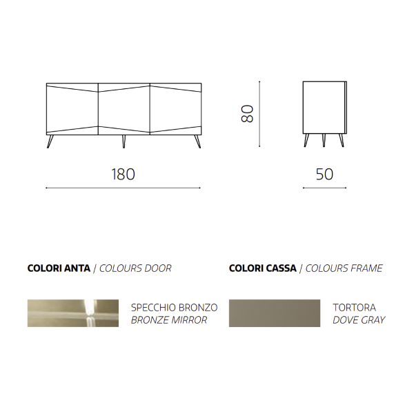 Madia credenza a 3 ante in vetro specchio bronzo scocca tortora e 5 piedini ISIDE