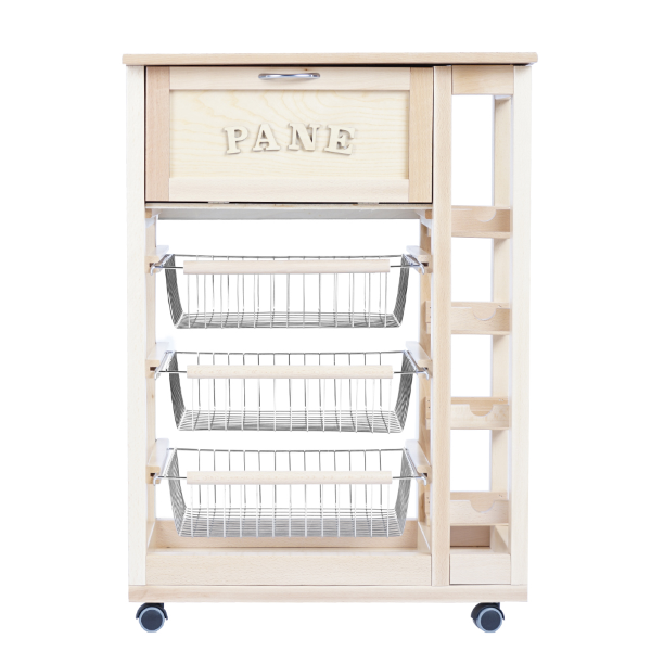 Fruit trolley with bread bin and natural bottle holder