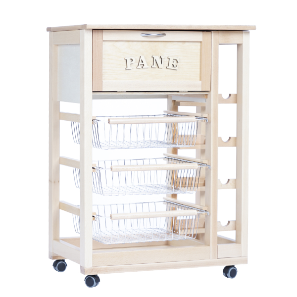 Fruit trolley with bread bin and natural bottle holder