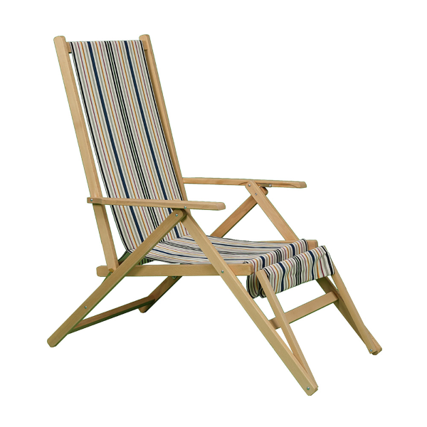 Foldable beach chair with footrest in wood and GREEN patterned canvas