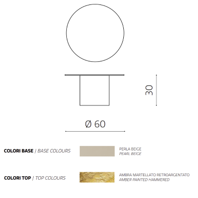 WAYLON 60 round coffee table with Beige metal base and Amber hammered glass top