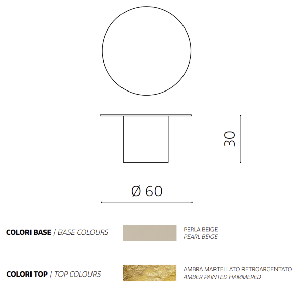 WAYLON 60 round coffee table with Beige metal base and Amber hammered glass top