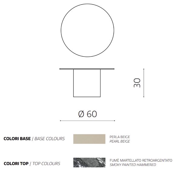 Runder Couchtisch WAYLON 60 mit beiger Metallbasis und Fumè-Hammerglasplatte