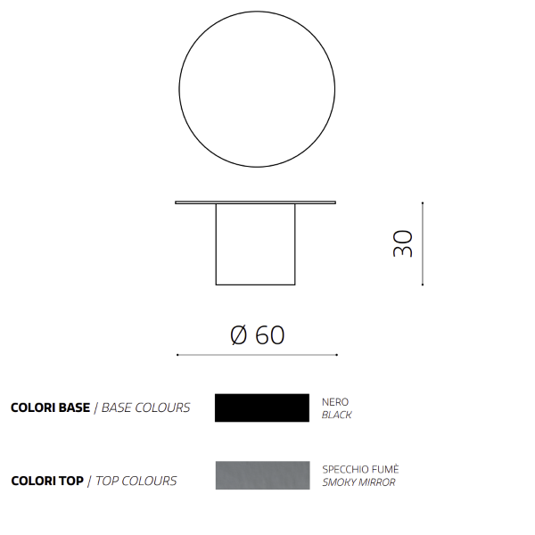 Table basse ronde WAYLON 60 avec piètement en métal noir et plateau en verre fumé