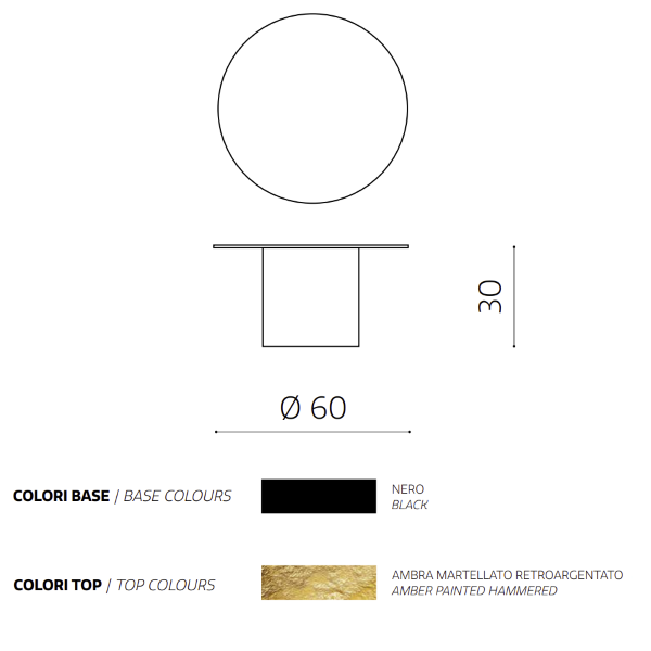 Runder Couchtisch WAYLON 60 mit schwarzem Metallgestell und bernsteinfarbener, gehämmerter Glasplatte