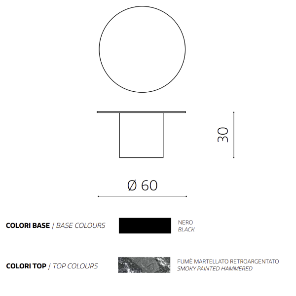 WAYLON 60 round coffee table with black metal base and smoked hammered glass top