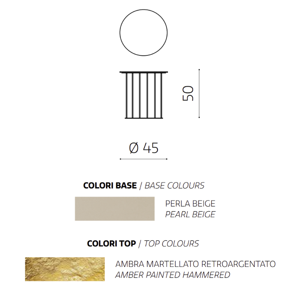 Round coffee table D45 cm with Beige metal base and Amber hammered glass top MUTE