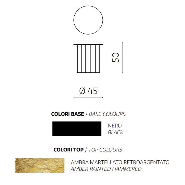 Runder Couchtisch, D45 cm, mit schwarzem Metallgestell und Ambra MUTE-Hammerglasplatte