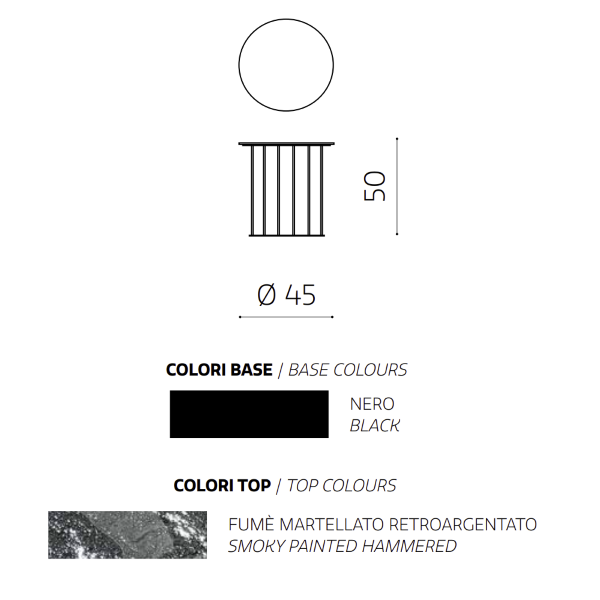 Round coffee table D45 cm with Black metal base and MUTE Fumè hammered glass top