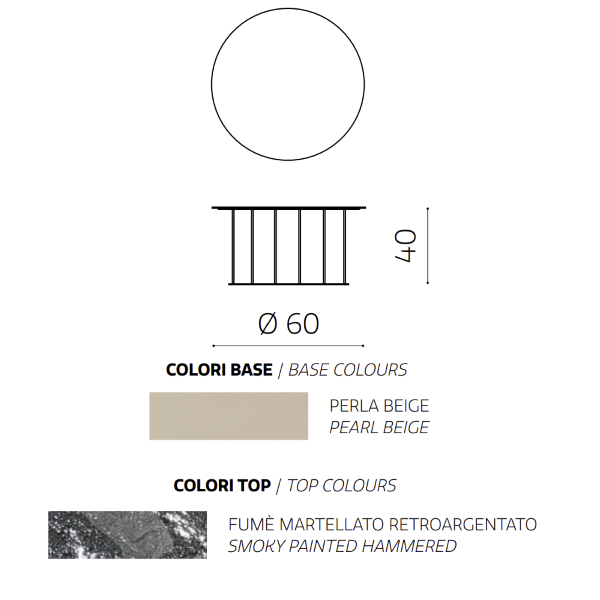 Runder Couchtisch, D60 cm, mit beigem Metallgestell und Fumè-Hammerglasplatte MUTE