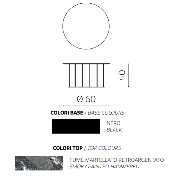 Runder Couchtisch, D60 cm, mit schwarzem Metallgestell und MUTE Fumè-Hämmerglasplatte