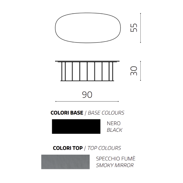 D90 cm coffee table with black metal base and MUTE smoked glass top