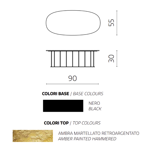 Couchtisch mit Tiefe 90 cm, Gestell aus schwarzem Metall und Tischplatte aus gehämmertem Glas Ambra MUTE