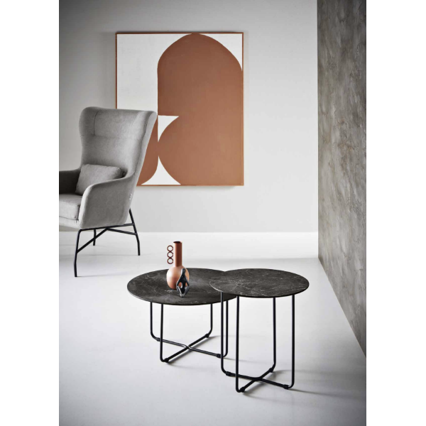 Table basse ronde avec plateau en verre effet marbre noir JON 60