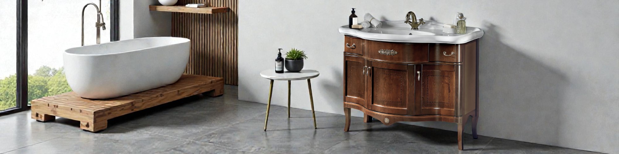 Modern bathroom with a white freestanding bathtub, classic vanity unit with white countertop and wood details, bright space with light and dark marble-effect stoneware