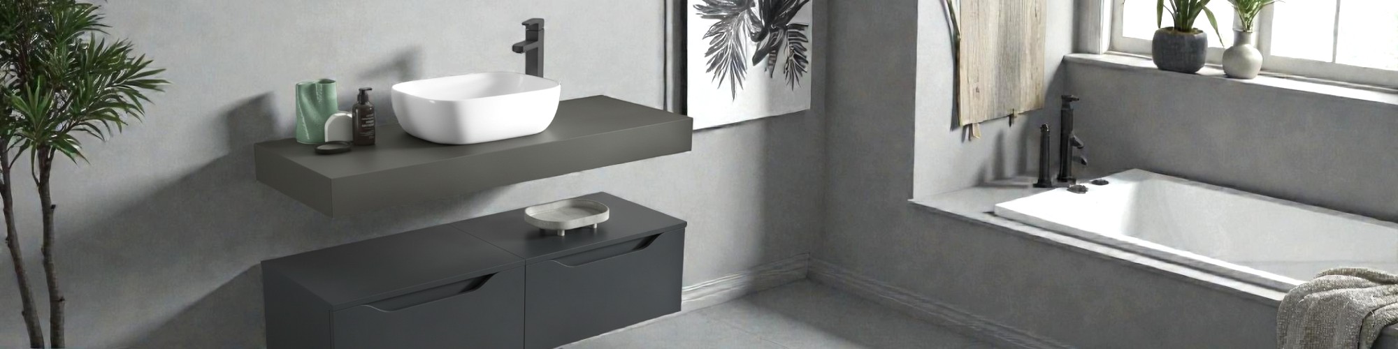 Baño moderno con lavabo sobre encimera, mueble suspendido oscuro, bañera integrada y decoración minimalista.