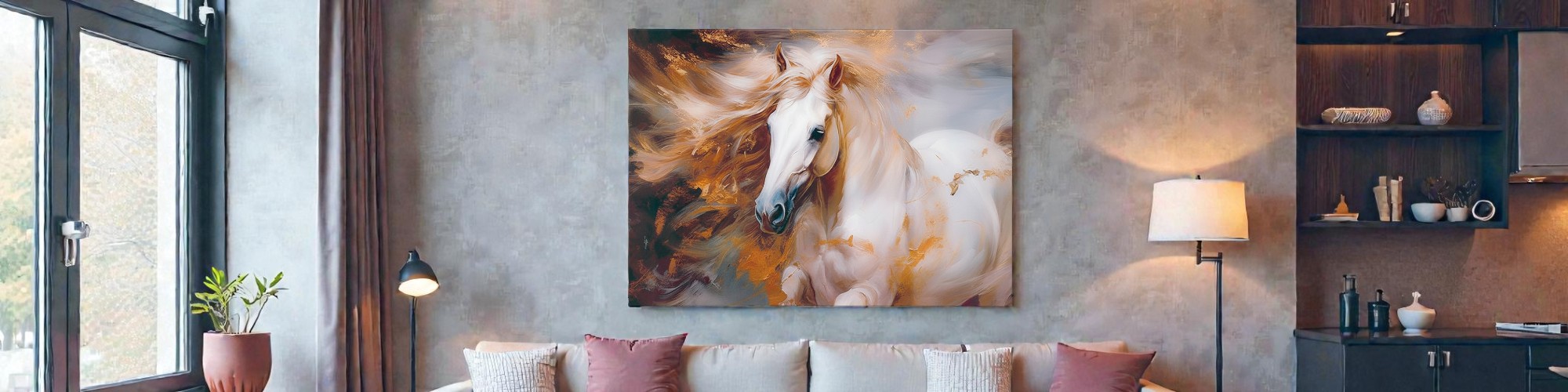 Quadro moderno con cavallo bianco sopra divano chiaro in soggiorno elegante e luminoso
