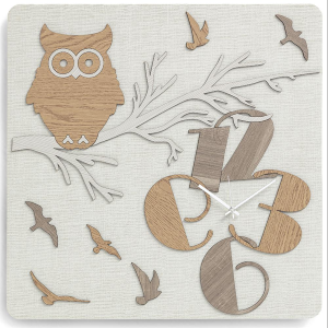 Quadratische Wanduhr 30X30 cm aus laminiertem Holz Eule TRS
