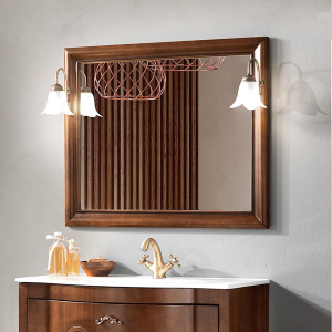 Miroir de salle de bain avec cadre et deux appliques murales en noyer MARTINA de style classique