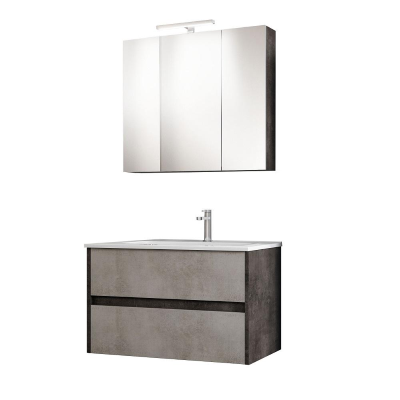 Modern suspended bathroom cabinet with 81 cm washbasin with 2 drawers and grrove handles ,concrete effect 