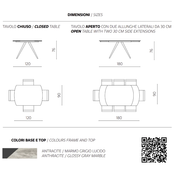Mesa extensible 180 cm con tapa de gres porcelánico efecto mármol gris ACHILLE