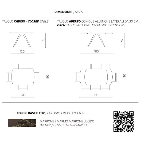 Mesa extensible 180 cm con tapa de gres porcelánico efecto mármol marrón ACHILLE