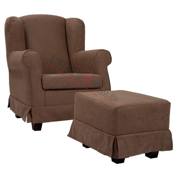 Armchair upholstered in removable fabric BERGERE BROWN with pouf