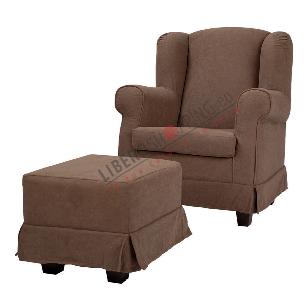 Armchair upholstered in removable fabric BERGERE BROWN with pouf