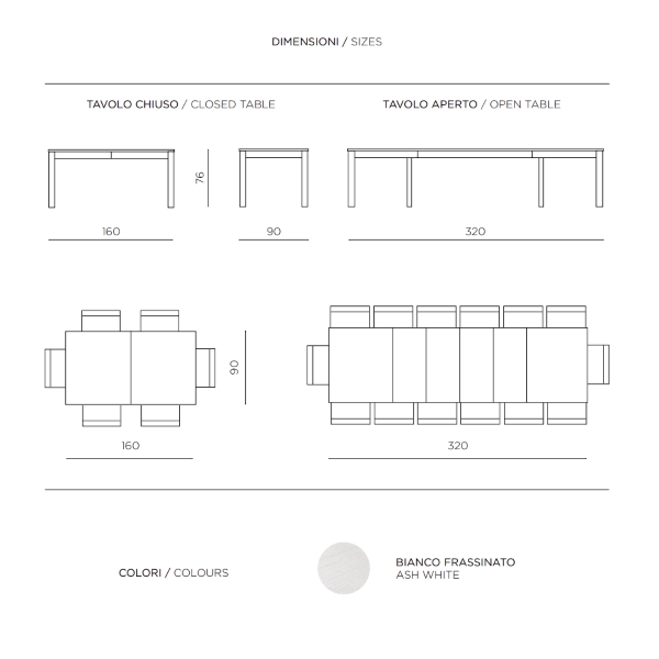 FABIO Mesa extensible 12 plazas de madera de Fresno Blanco hasta 320 cm