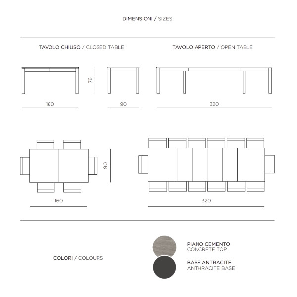 Mesa de madera extensible a 320 cm 12 plazas Cemento FABIO