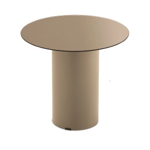 Runder Couchtisch WAYLON 45 mit beiger Metallbasis und bronzefarbener Glasplatte