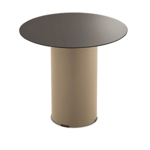 Runder Couchtisch WAYLON 45 mit beiger Metallbasis und Rauchglasplatte