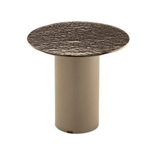 Runder Couchtisch WAYLON 45 mit beiger Metallbasis und bronzefarbener gehämmerter Glasplatte