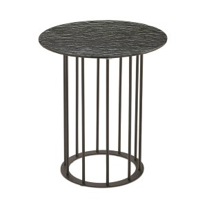 Runder Couchtisch, D45 cm, mit schwarzem Metallgestell und MUTE Fumè-Hämmerglasplatte